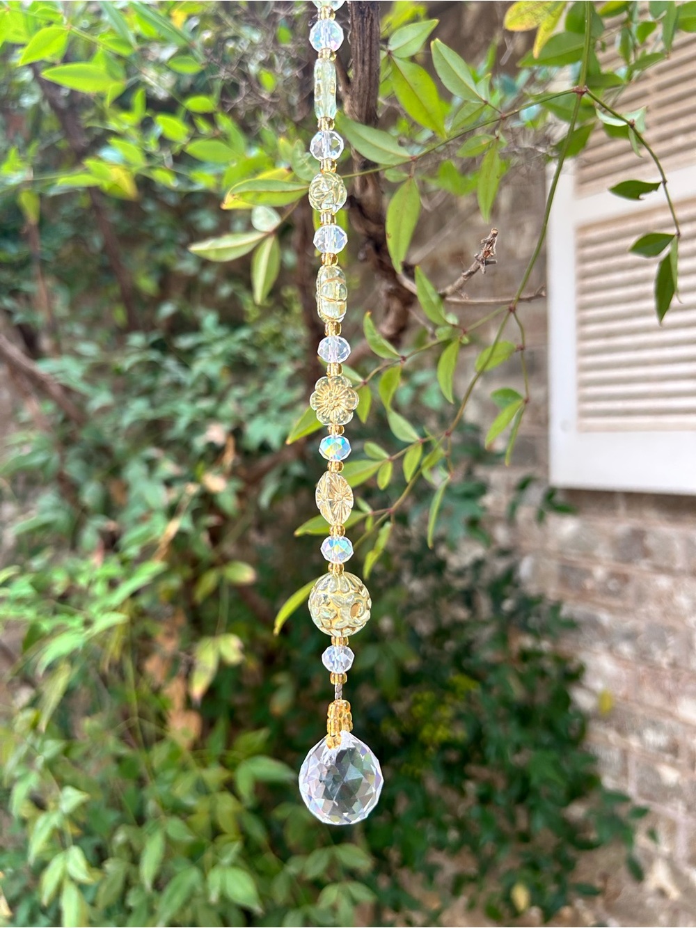12” light green + clear prism crystal beaded small suncatcher sun charm decor